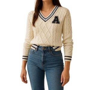 Ultra Flirt Cream Cable Knit Varsity Sweater with Black “A” Patch